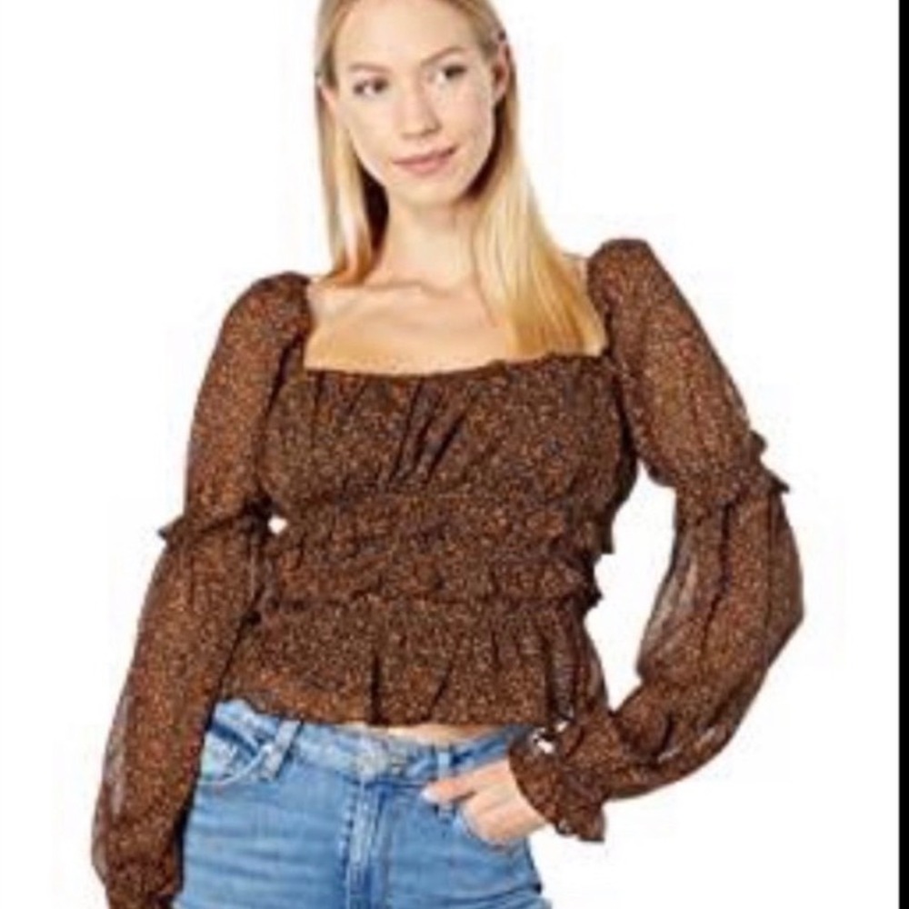 ASTR The Label Brown Ditsy Floral Smocked Puff Sleeve Crop Top M